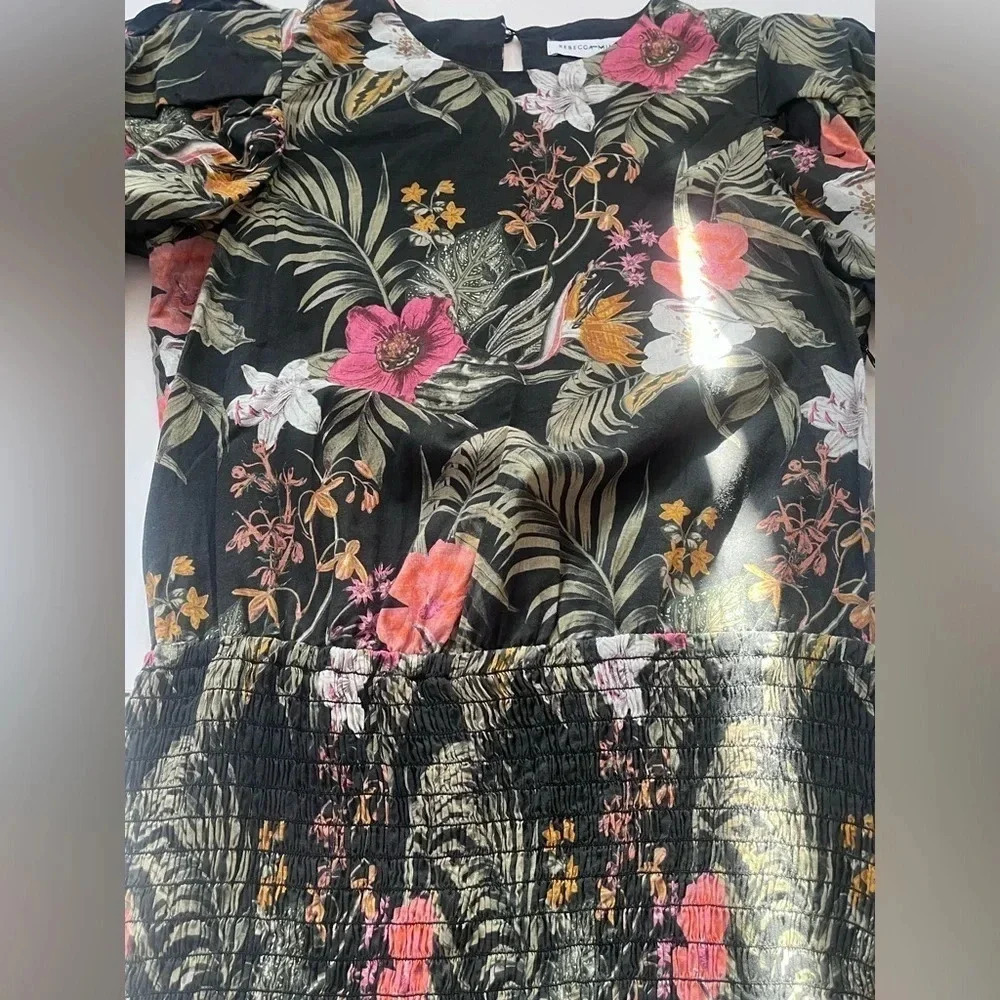 Rebecc Minkoff Black Floral Print Puff Sleeve Smocked Geneva Mini Size S - Picture 3 of 11